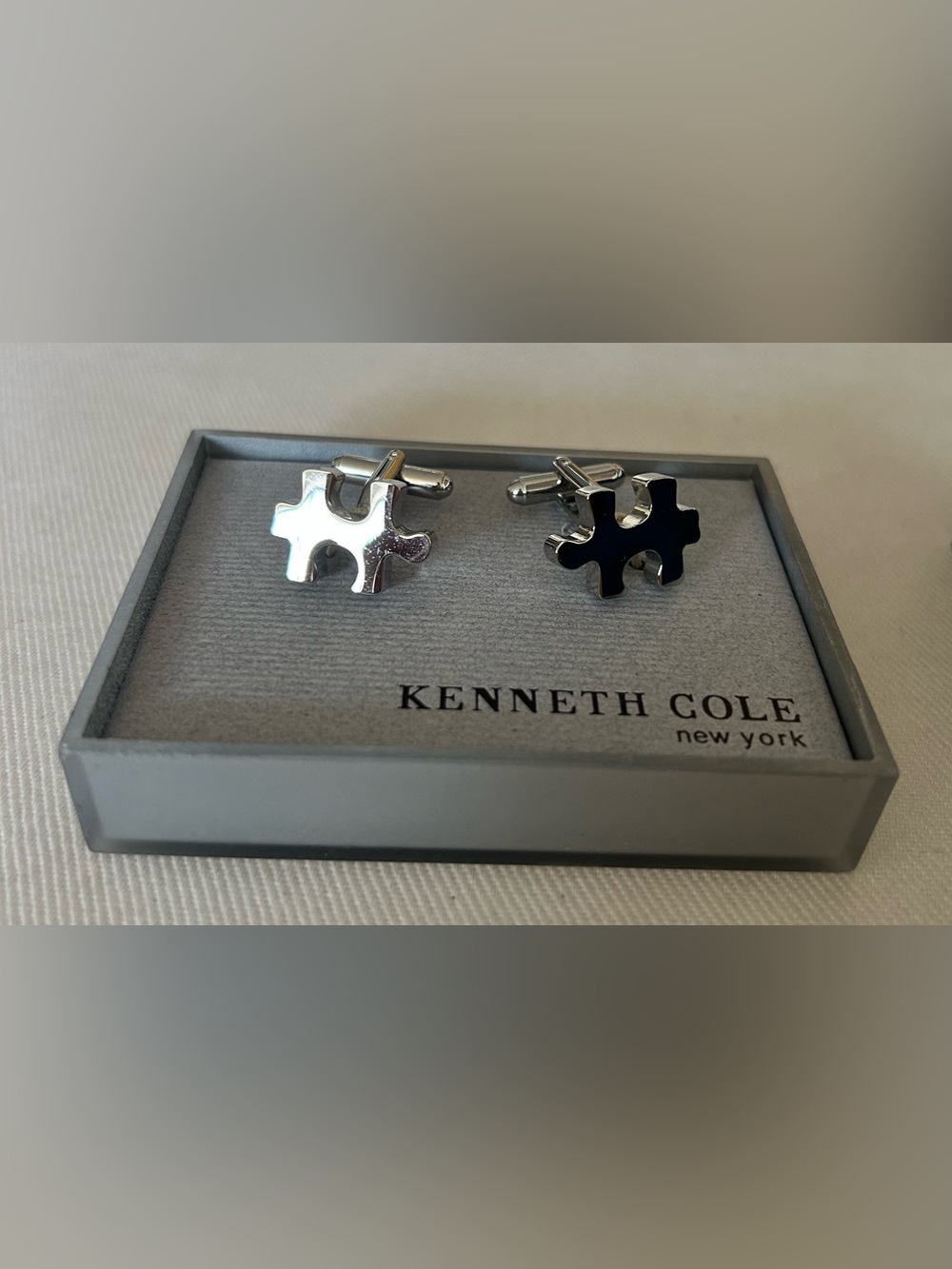 Kenneth Cole Two-Tone Puzzle Piece Cufflinks in Silver and Black